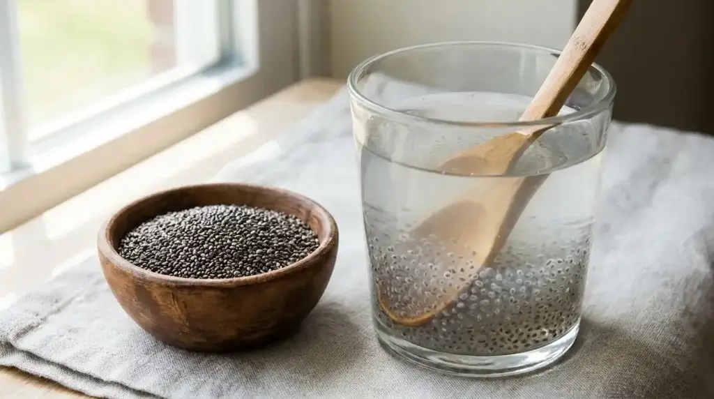 Chia seeds soaking in water forming a gel texture