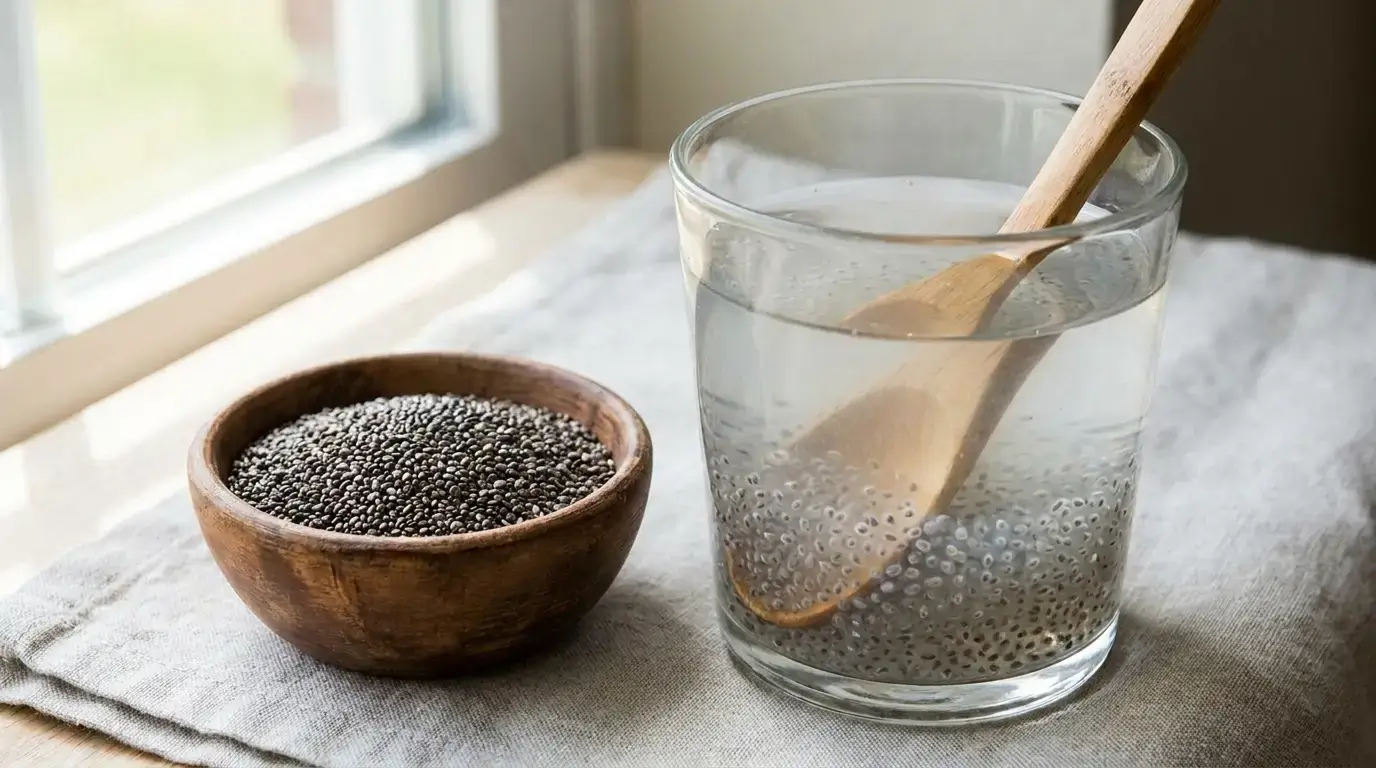 Chia seeds soaking in water forming a gel texture