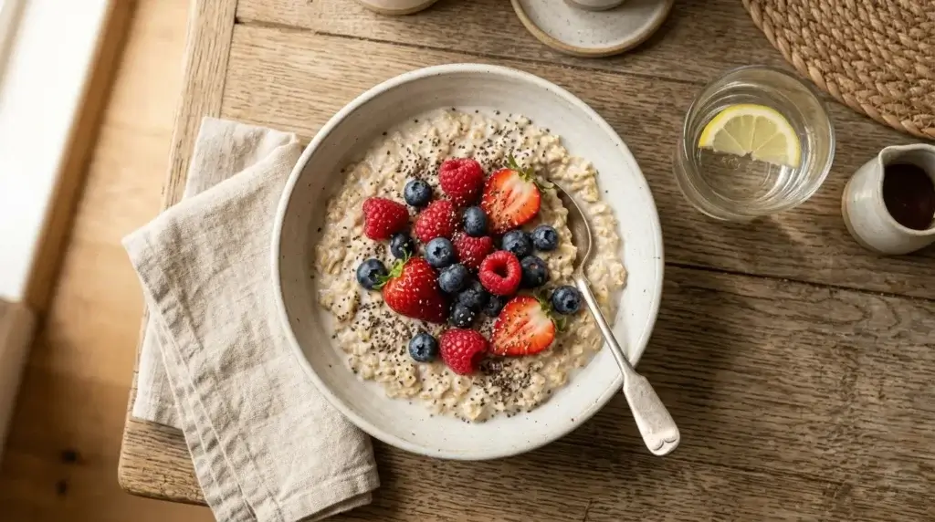 Chia seeds sprinkled over a bowl of oatmeal with fresh berries