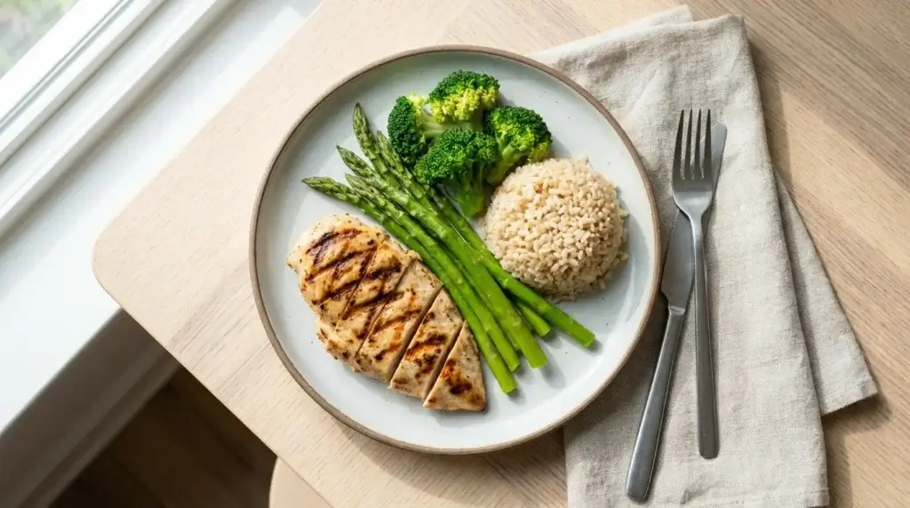 High-protein, low-sugar meal reflecting the structure of a medically supervised weight loss diet
