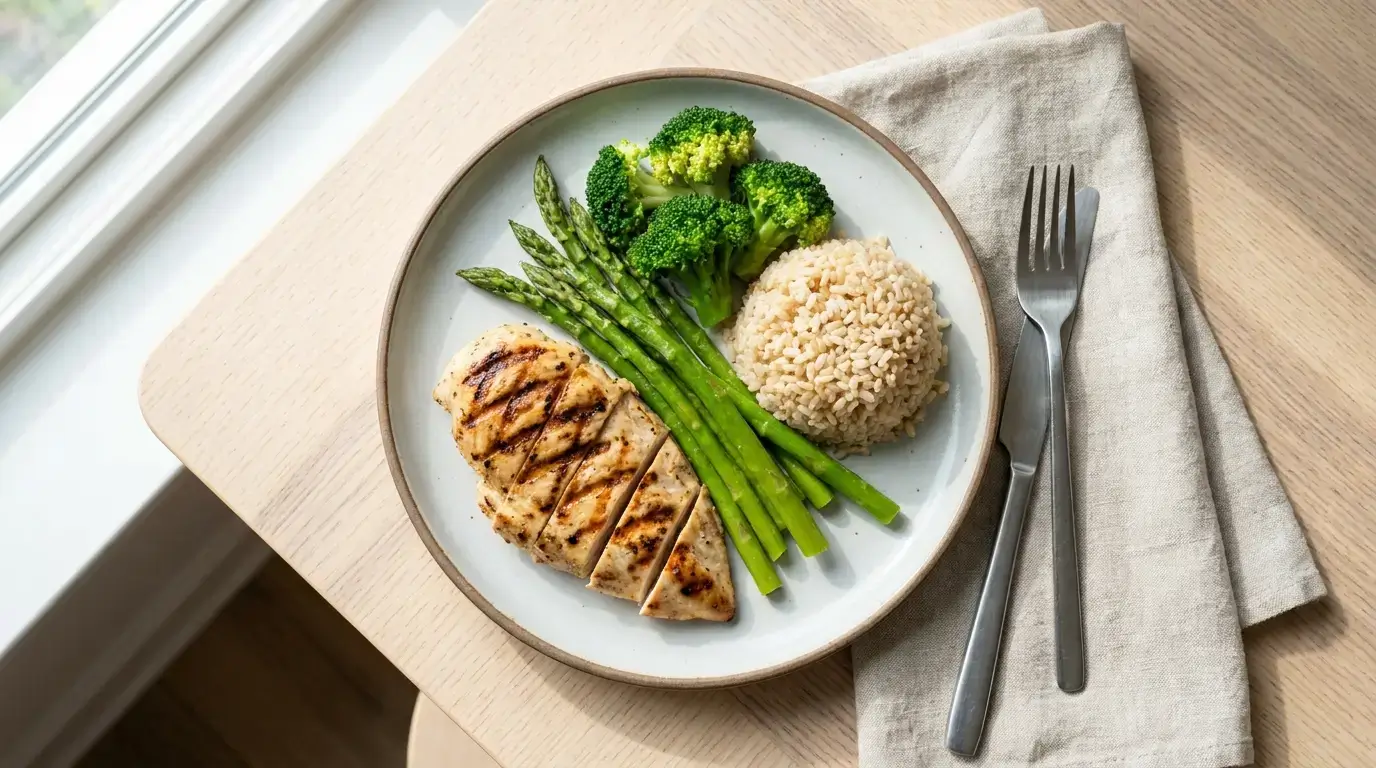 High-protein, low-sugar meal reflecting the structure of a medically supervised weight loss diet
