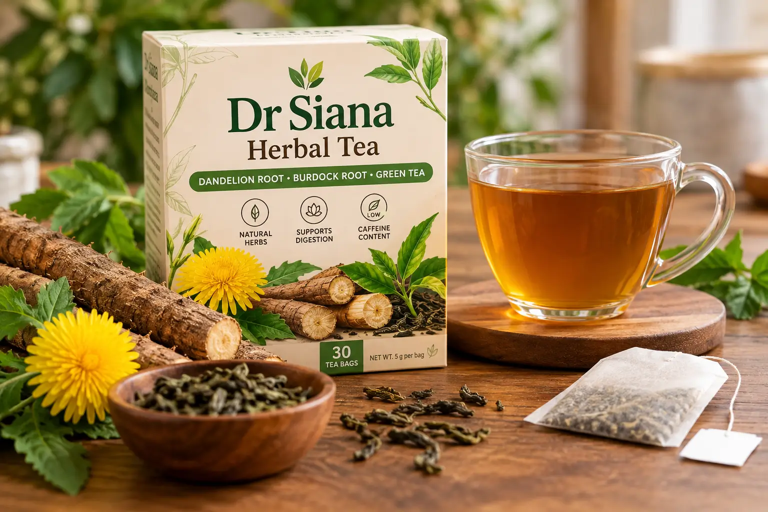 Dr Siana Herbal Tea with dandelion root, burdock root and green tea