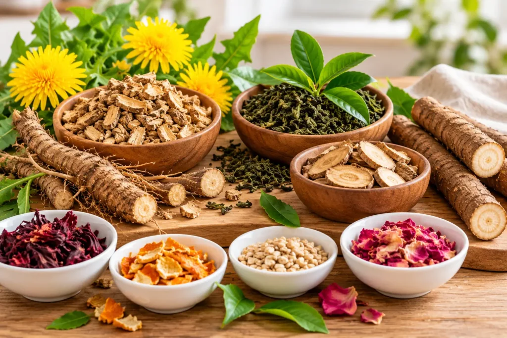 Dr Siana Herbal Tea ingredients with dandelion root, burdock root and green tea