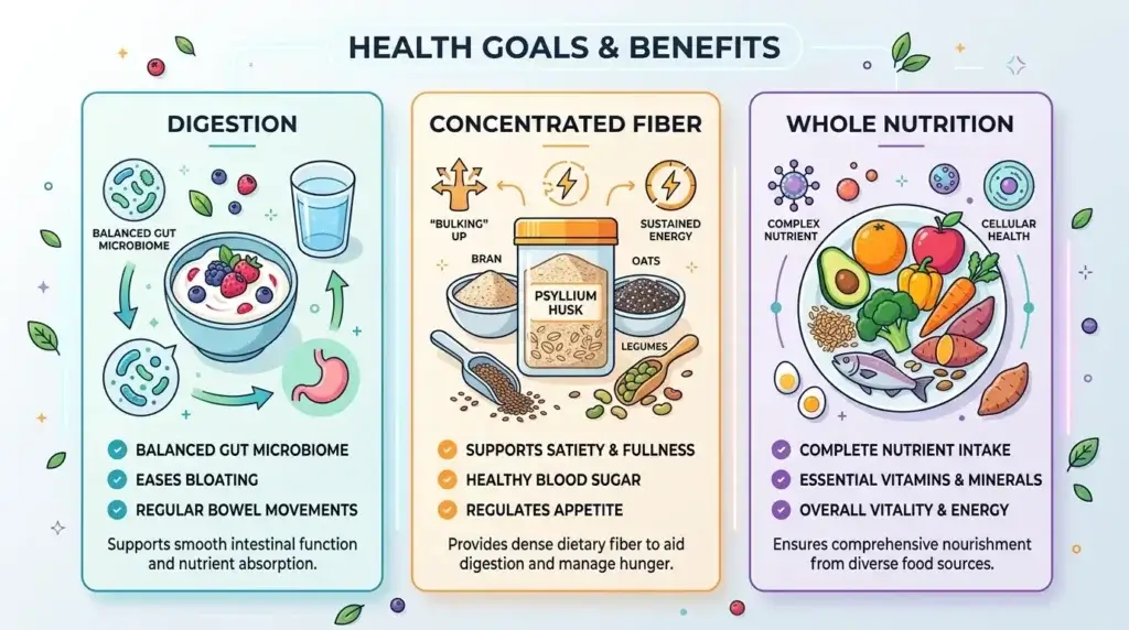 An organized visual comparing different fiber supplement goals