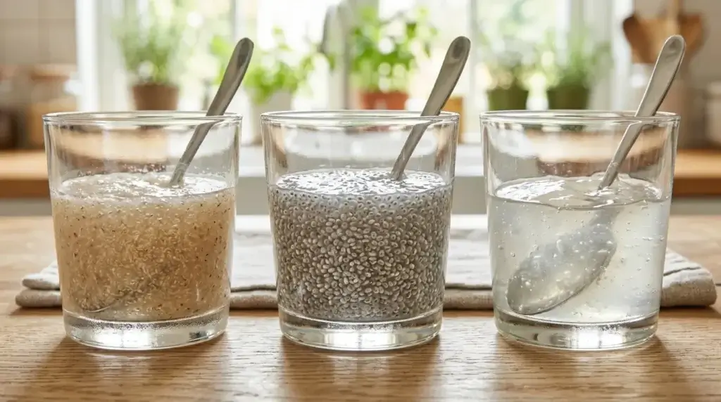 Three glasses showing different fiber supplements gelling in water