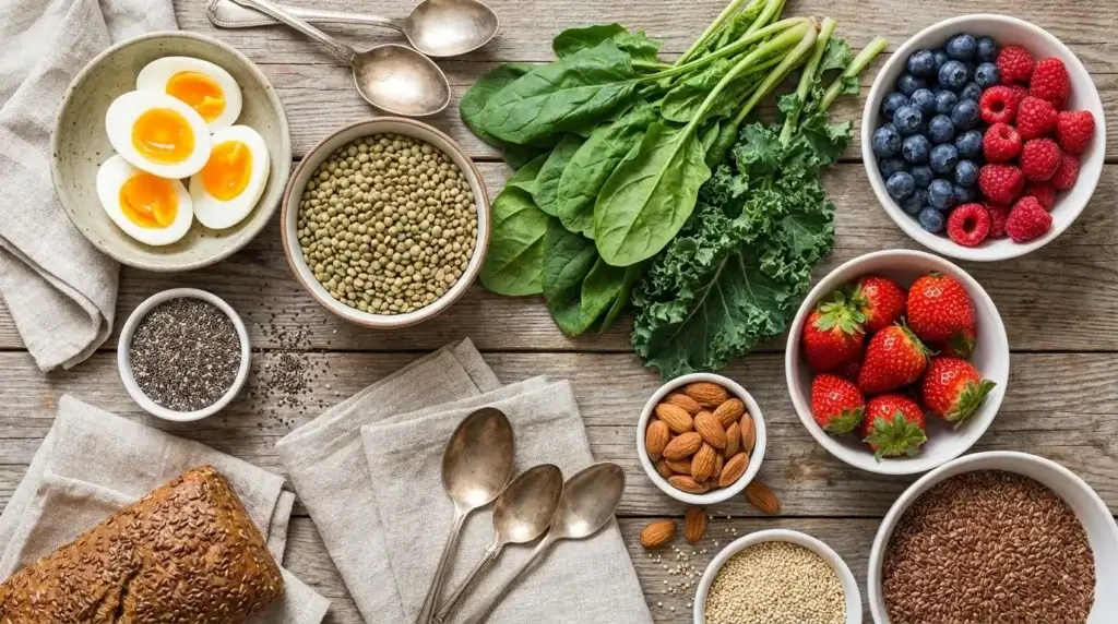 Protein-rich and fiber-rich foods arranged on a table