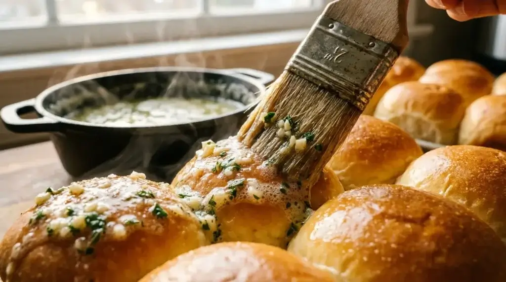 Brushing garlic herb butter over grinder sliders before baking