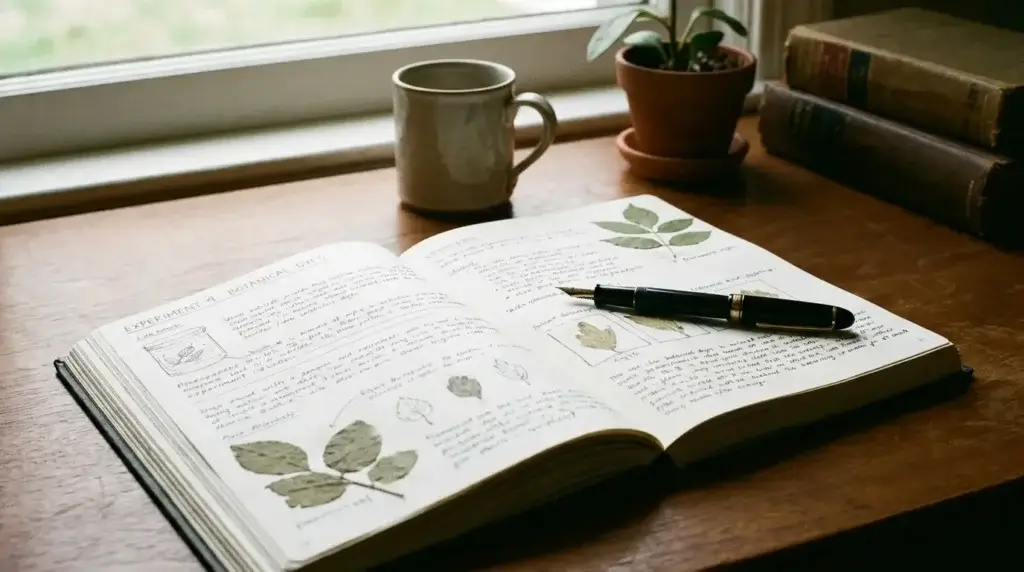 A lab notebook and pen on a desk