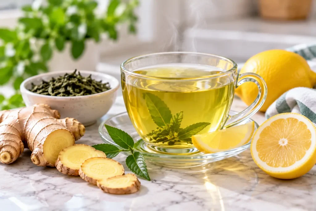 Green tea with fresh ginger and lemon