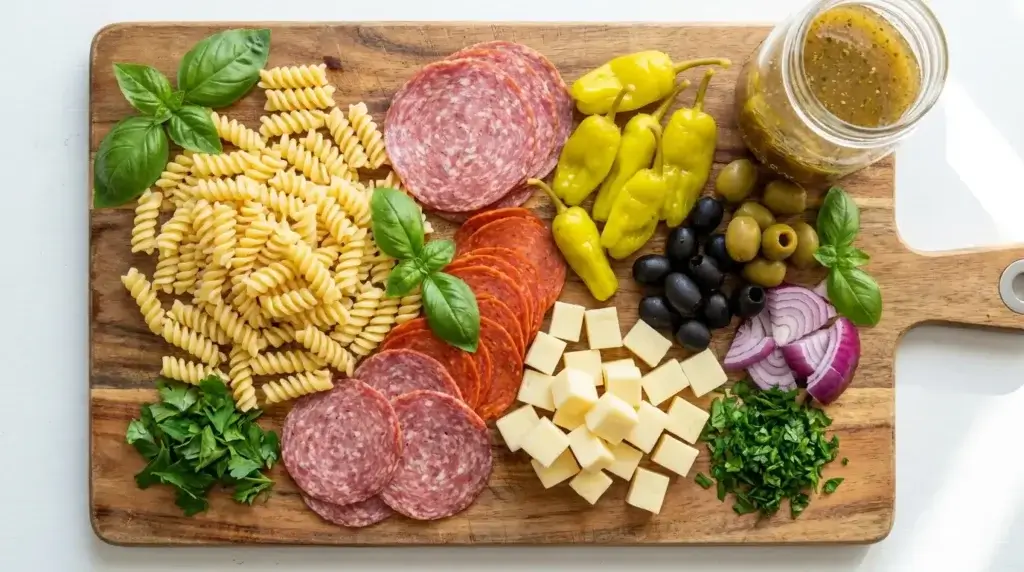 Ingredients laid out for Italian grinder pasta salad