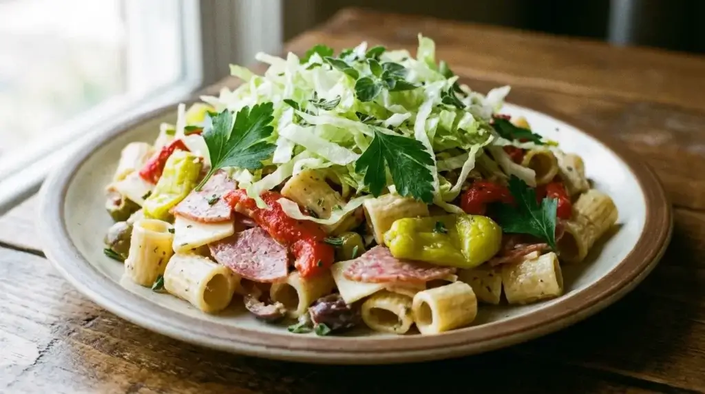 Plated serving of Italian grinder pasta salad