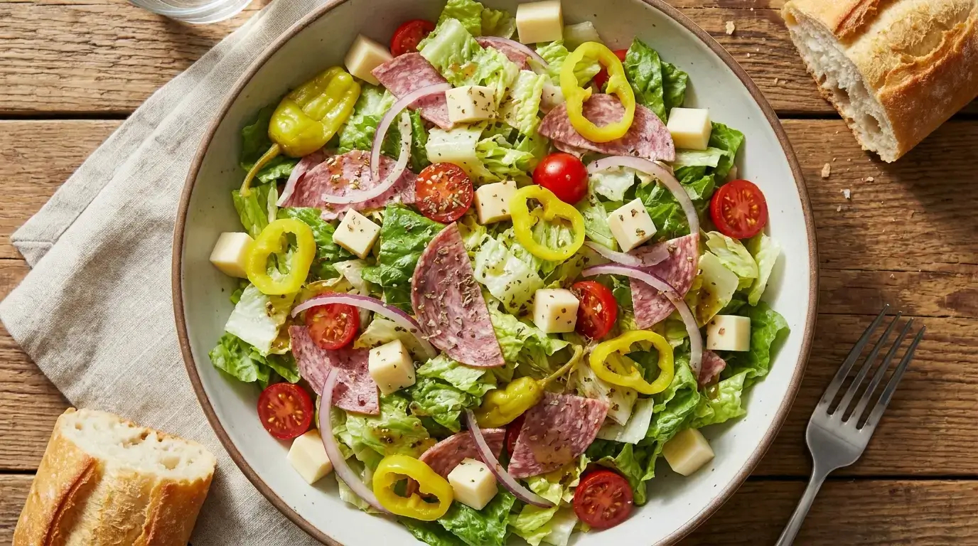 Italian grinder salad with salami, provolone, and banana peppers in a bowl