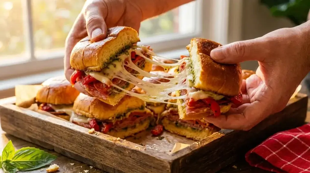Pulling apart a warm Italian grinder slider with melted cheese