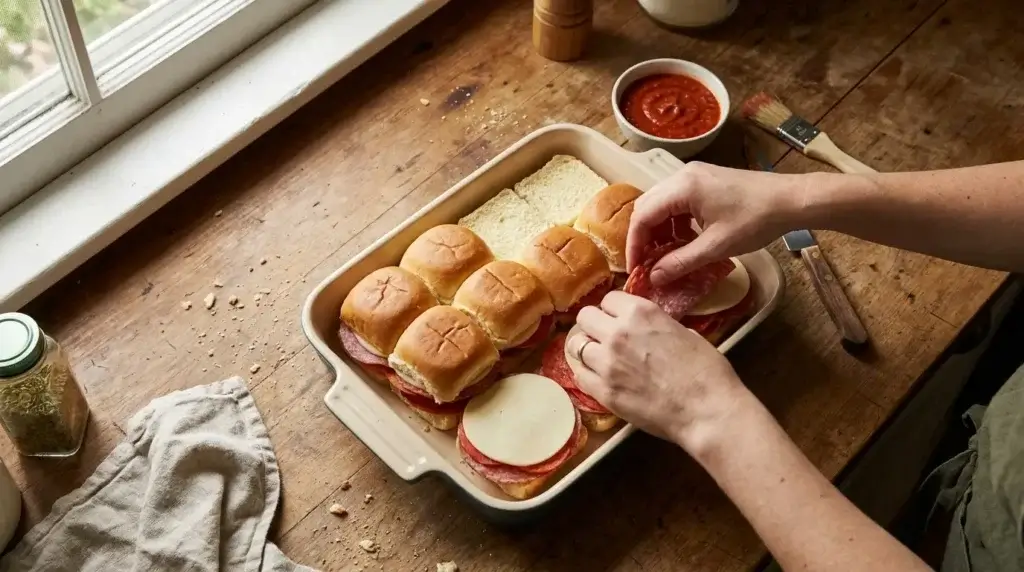Layering salami, pepperoni, and provolone onto slider rolls before baking