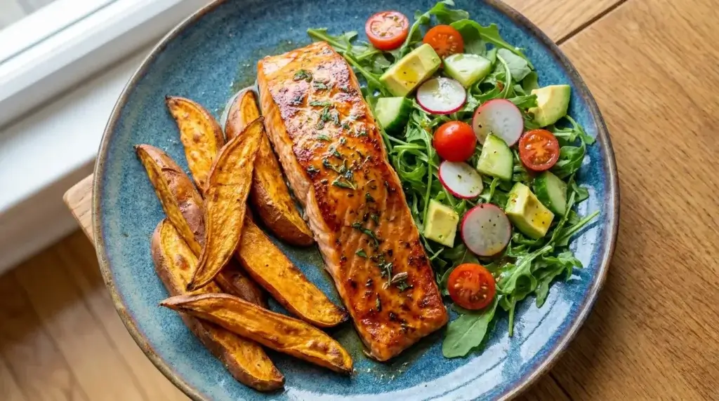 A balanced plate with salmon, sweet potato, and a side salad