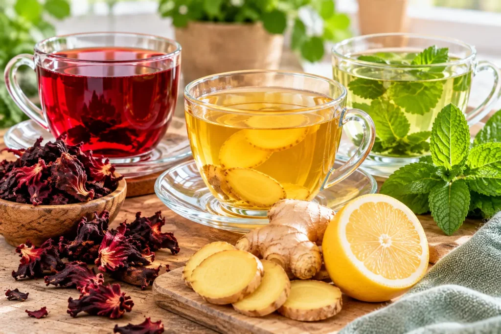 Hibiscus ginger and peppermint herbal teas