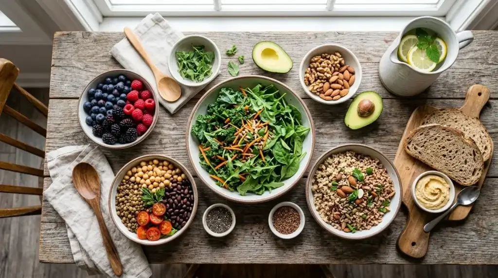 High-fiber whole foods including berries, leafy greens, and legumes arranged on a table