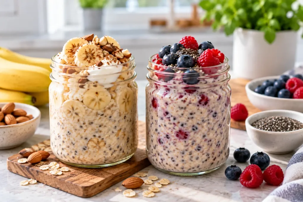 High-protein and chia overnight oats with berries