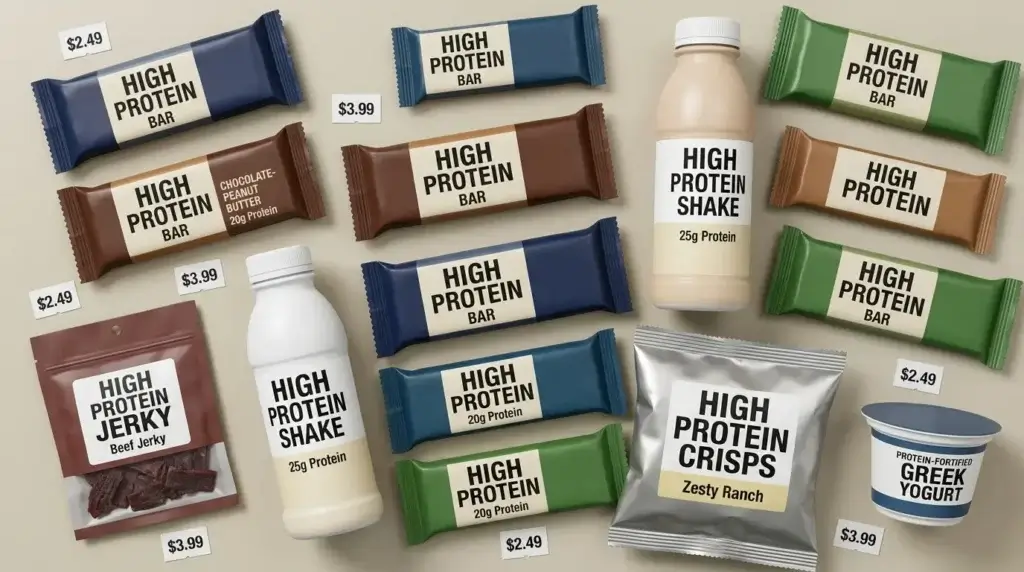 Packaged snack products with generic high protein labels