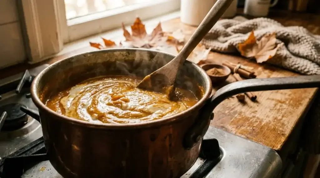 Homemade pumpkin swirl simmering for a copycat latte recipe
