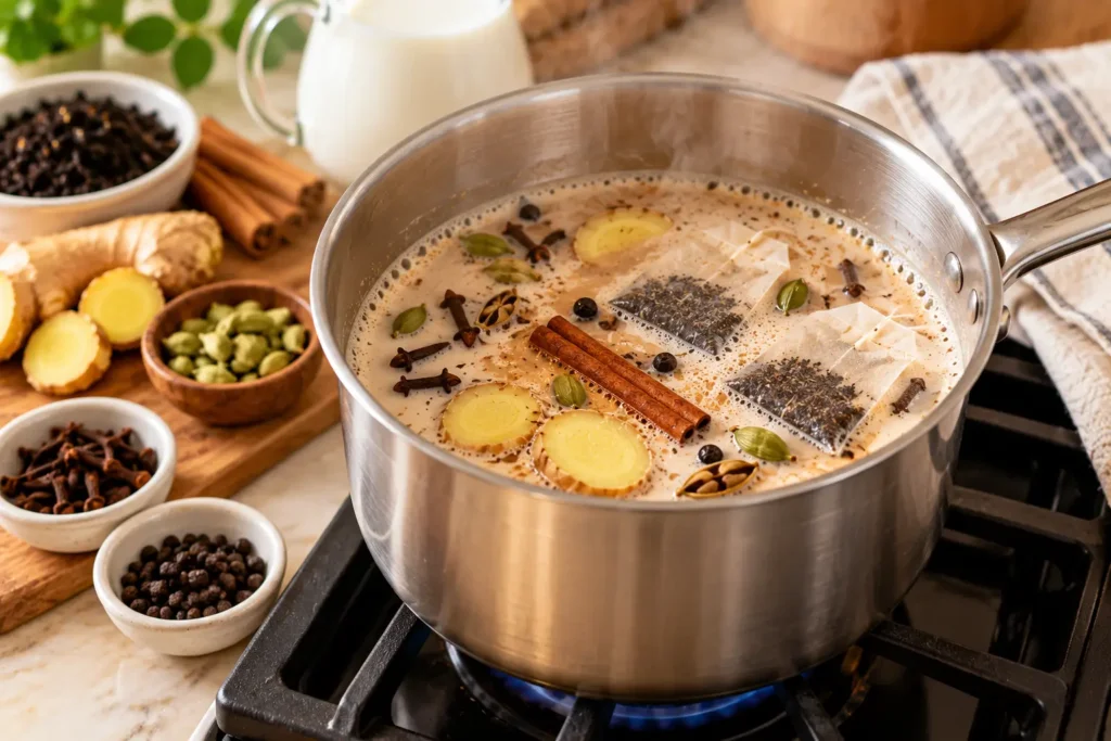 Homemade chai tea simmering with ginger cinnamon and cardamom
