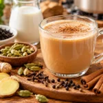 Homemade chai tea with cinnamon cardamom and fresh ginger