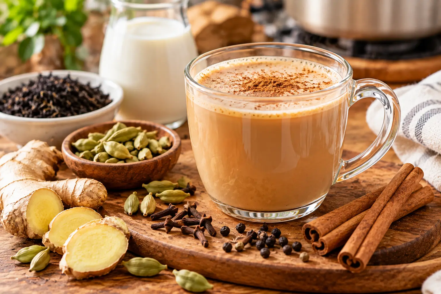 Homemade chai tea with cinnamon cardamom and fresh ginger