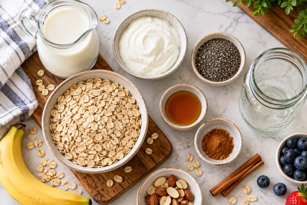 Rolled oats, milk, Greek yogurt and chia seeds for overnight oats