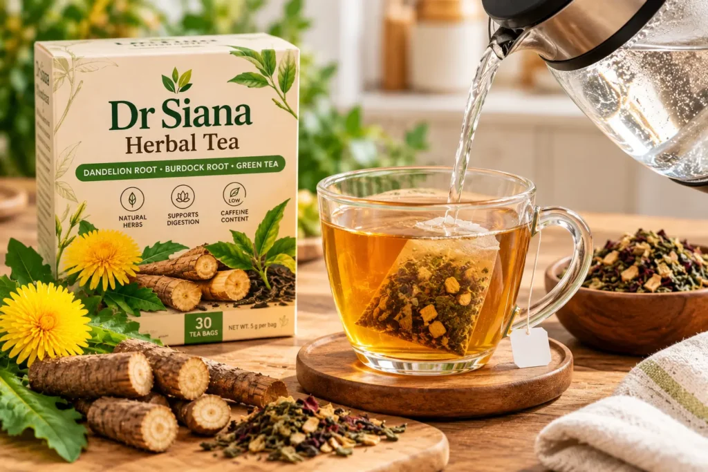 Dr Siana Herbal Tea bag steeping in hot water