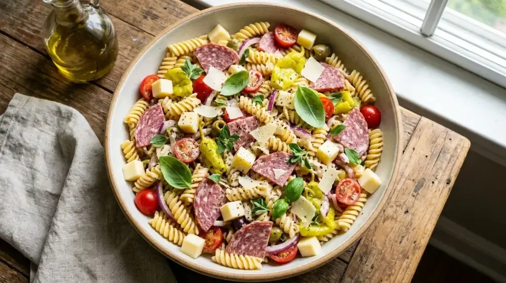 Italian grinder pasta salad with rotini, salami, and provolone in a bowl
