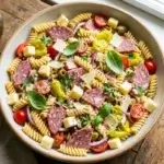 Italian grinder pasta salad with rotini, salami, and provolone in a bowl