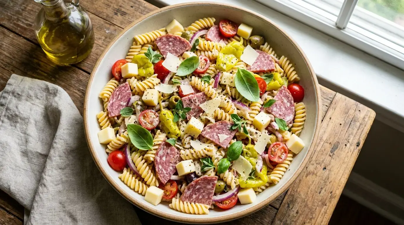 Italian grinder pasta salad with rotini, salami, and provolone in a bowl