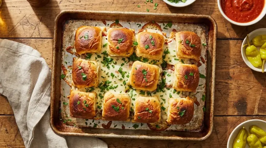 Tray of baked Italian grinder sliders with melted provolone and garlic butter topping" Emplacement : Image mise en avant