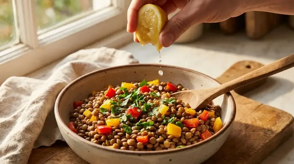 A bowl of lentils with bell peppers and a lemon wedge being squeezed over it