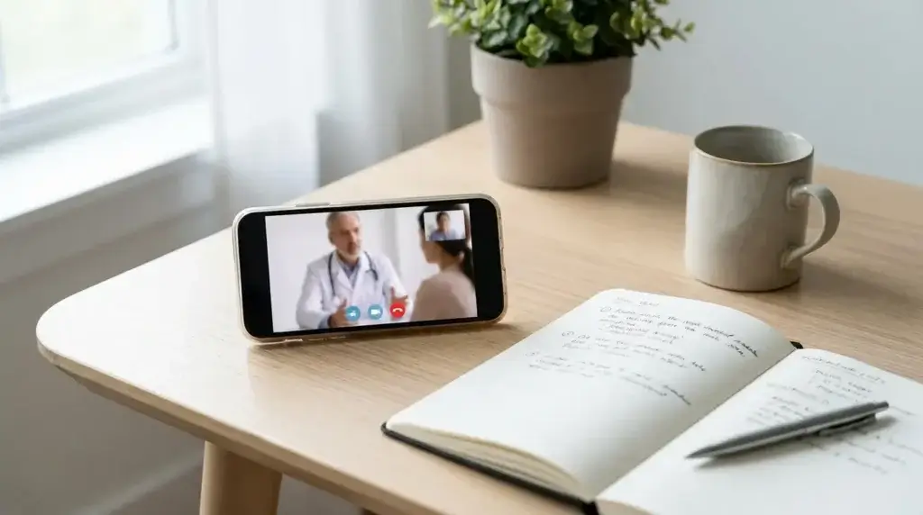 "Person on a telehealth call to review a weight loss medication platform