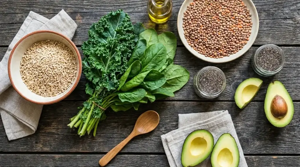 Whole foods that naturally support GLP-1 including oats, lentils, and leafy greens