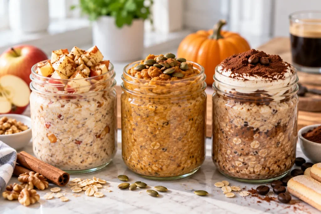 Apple pie, pumpkin pie and tiramisu overnight oats