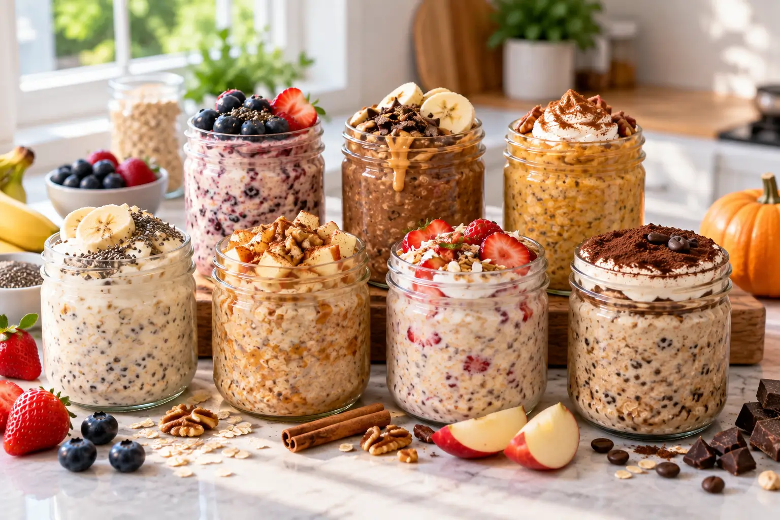 Seven easy overnight oats recipes in glass jars
