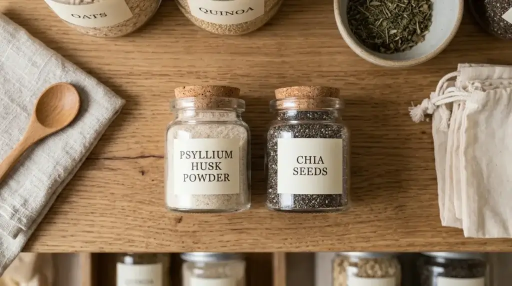 A jar of psyllium husk powder next to a jar of chia seeds on a pantry shelf