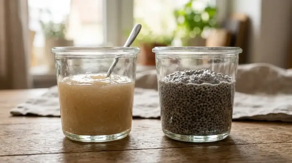 A glass of gelled psyllium husk next to a glass of chia seed pudding