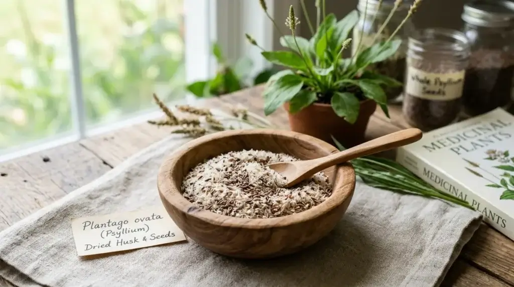 Dried psyllium husk and seeds in a small wooden bowl
