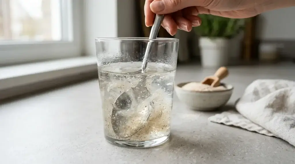 Psyllium husk powder being stirred into a glass of water