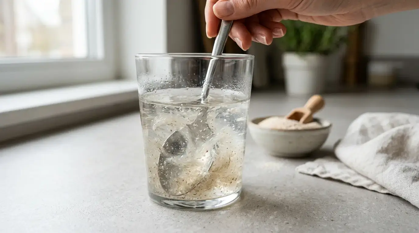Psyllium husk powder being stirred into a glass of water