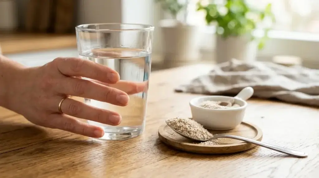 A hand holding a large glass of water next to a spoon of psyllium husk powder