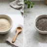 Psyllium husk powder and chia seeds in separate bowls side by side