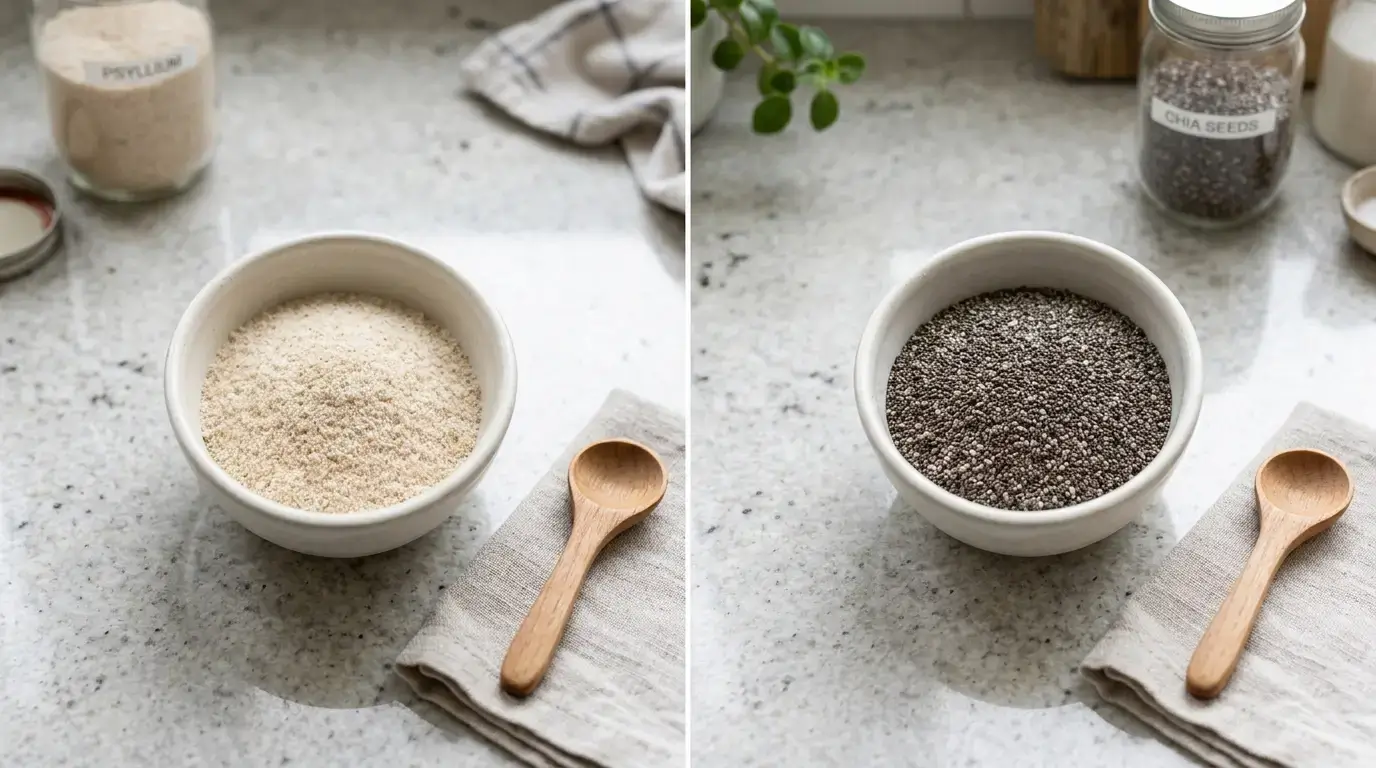 Psyllium husk powder and chia seeds in separate bowls side by side