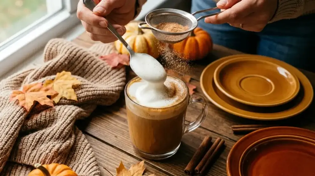 Topping a homemade pumpkin latte with cold foam and cinnamon sugar