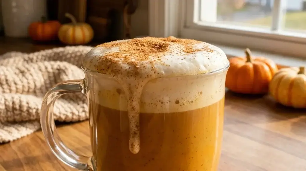 Homemade pumpkin latte with sweet cold foam and cinnamon sugar topping