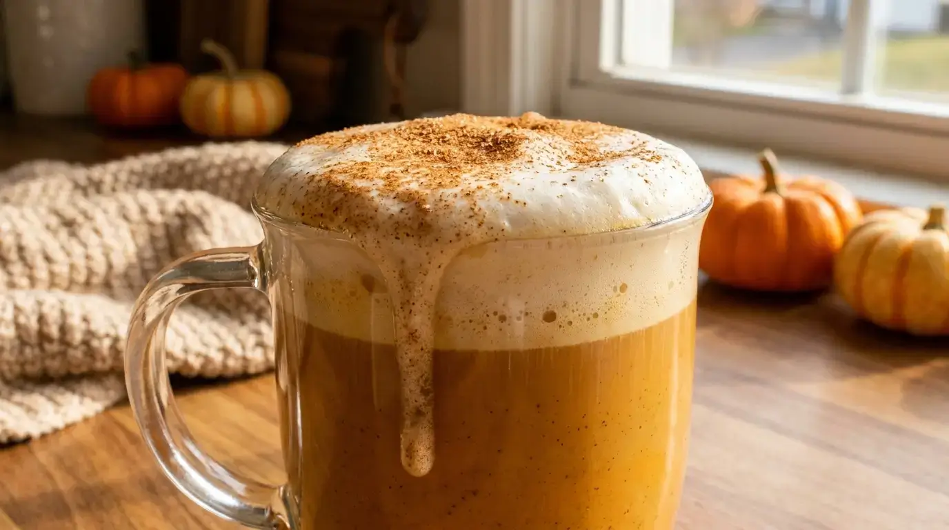 Homemade pumpkin latte with sweet cold foam and cinnamon sugar topping