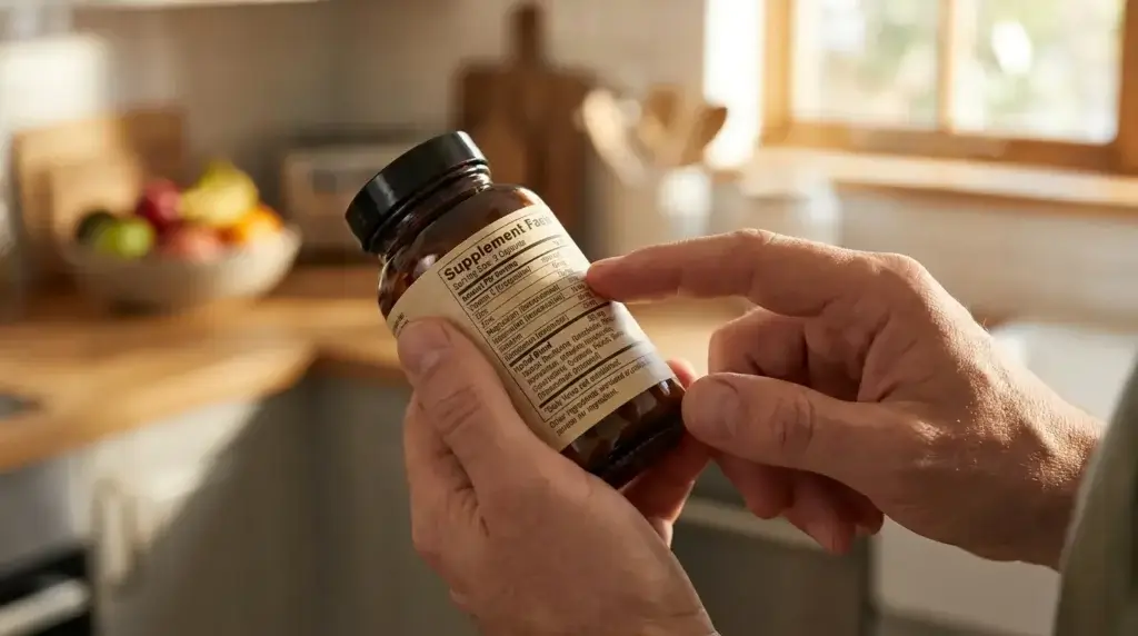 Person reading the ingredient label on a GLP-1 supplement bottle before buying
